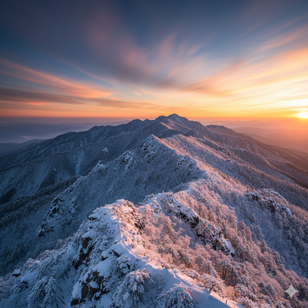12월 설악산 등반 : 대청봉 코스별 필수 준비물 & 안전 수칙 10가지! 2 눈 내린 설악산의 노을