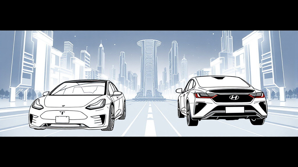 테슬라 vs 현대차, 자율주행 경쟁 구도 (illustration 스타일)