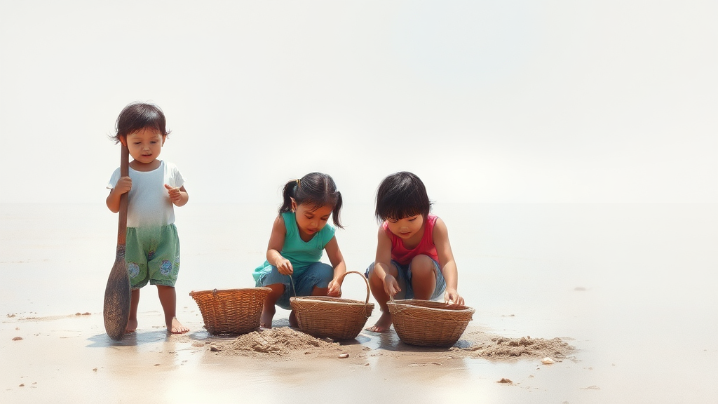 탄도항 갯벌 체험, 바지락 캐기 (watercolor 스타일)