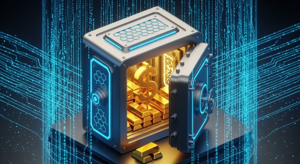 환율 1,500원 시대에 대비하여 달러와 금 등 안전 자산을 보호하는 금융 보안 컨셉