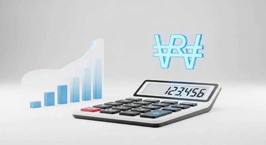 [2026 최저임금 시급 월급]을 상징하는 계산기와 화폐, 그리고 인상률 그래프가 그려진 미니멀한 이미지.