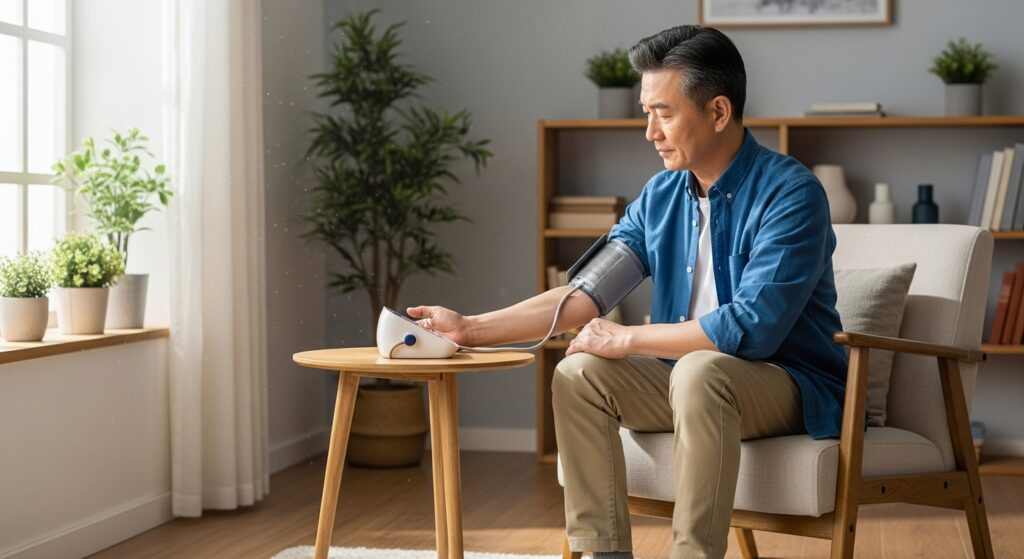 자체 혈압테스트를 진행중인 중년