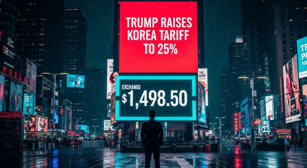 2026년 1월 트럼프의 한국 관세 25% 인상 속보와 1,500원을 향해 폭등하는 원달러 환율 전광판 모습