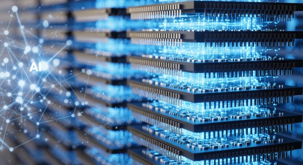 [SK하이닉스 실적]의 일등 공신인 고대역폭메모리(HBM) 칩과 AI 뉴럴 네트워크의 연결을 형상화한 이미지.