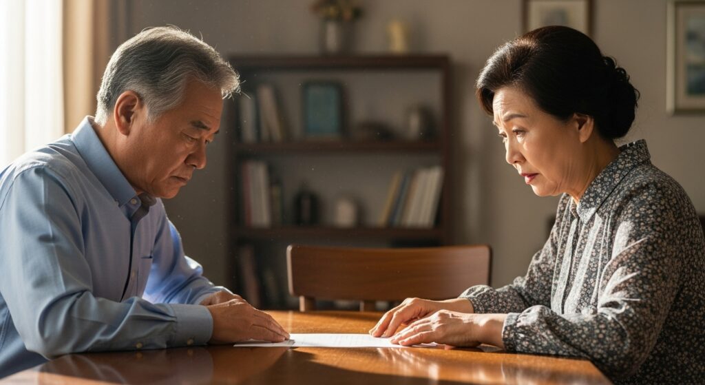 2026 건강보험료 개편, 부모님 피부양자 탈락 방지하는 법. 4 건강보험료 고지서를 확인하며 걱정스러운 표정을 짓는 노부부