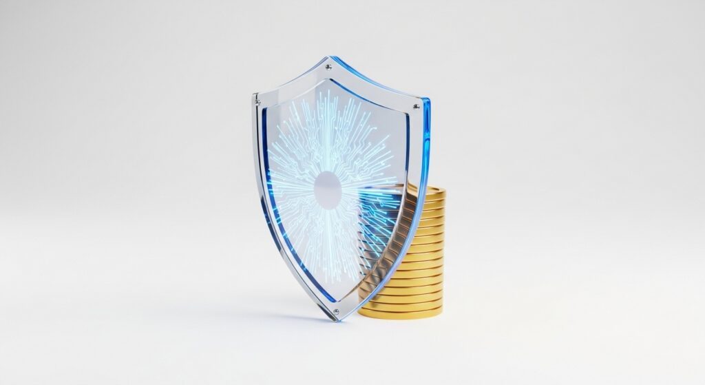 숨은 보험금 조회, 그리고 예금 딱 3분 투자해서 42만 원 돌파한 실제 후기 및 2026년 최신 가이드 4 유리 방패와 황금 동전 더미를 통해 자산의 안전한 관리를 상징하는 3D 이미지