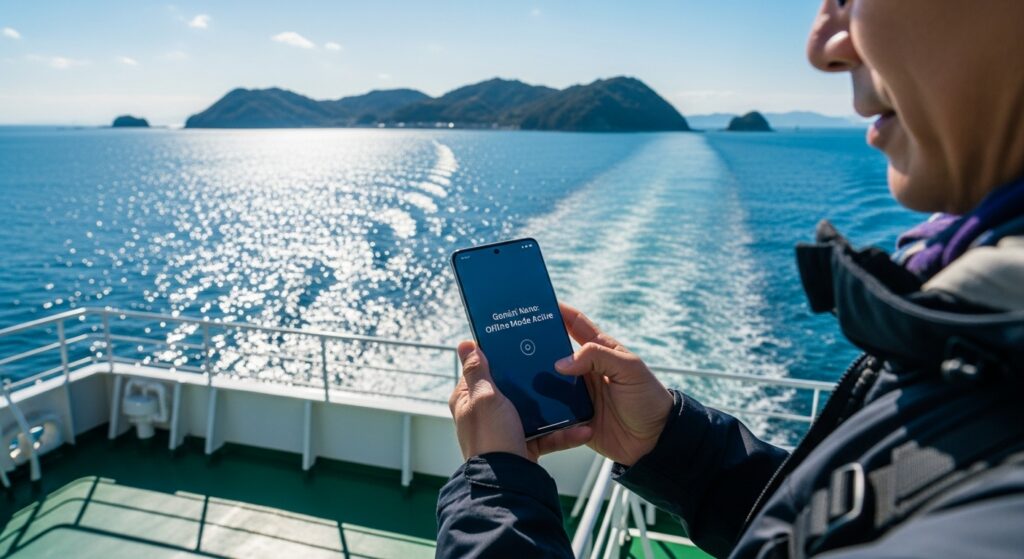 인터넷이 안 되는 배 위에서 제미나이 나노 오프라인 번역 기능을 사용하는 장면