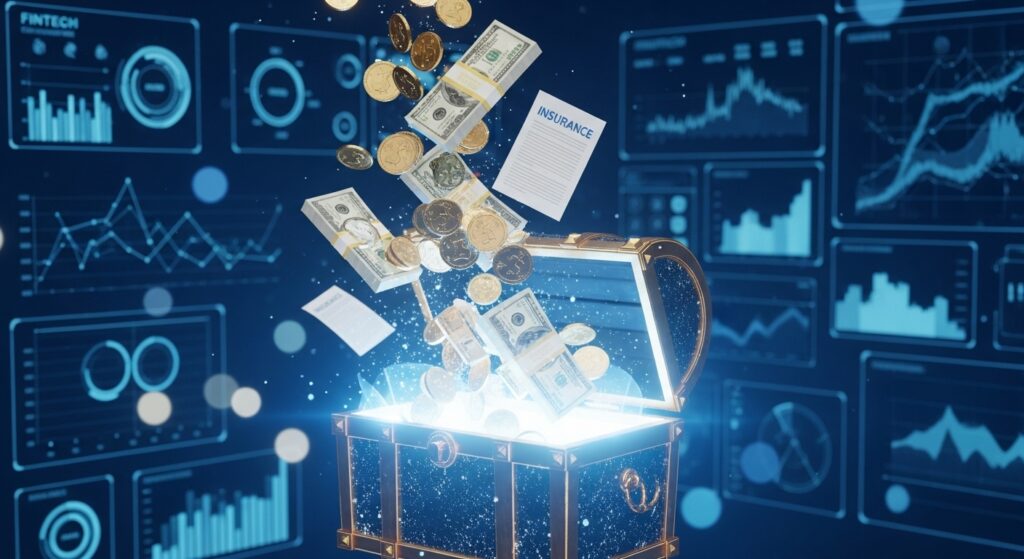 숨은 보험금 조회, 그리고 예금 딱 3분 투자해서 42만 원 돌파한 실제 후기 및 2026년 최신 가이드 2 숨은 보험금조회. 디지털 보물 상자에서 금화와 서류들이 쏟아져 나오고, 이를 안내하는 경제 분석가 느낌의 3D 이미지.