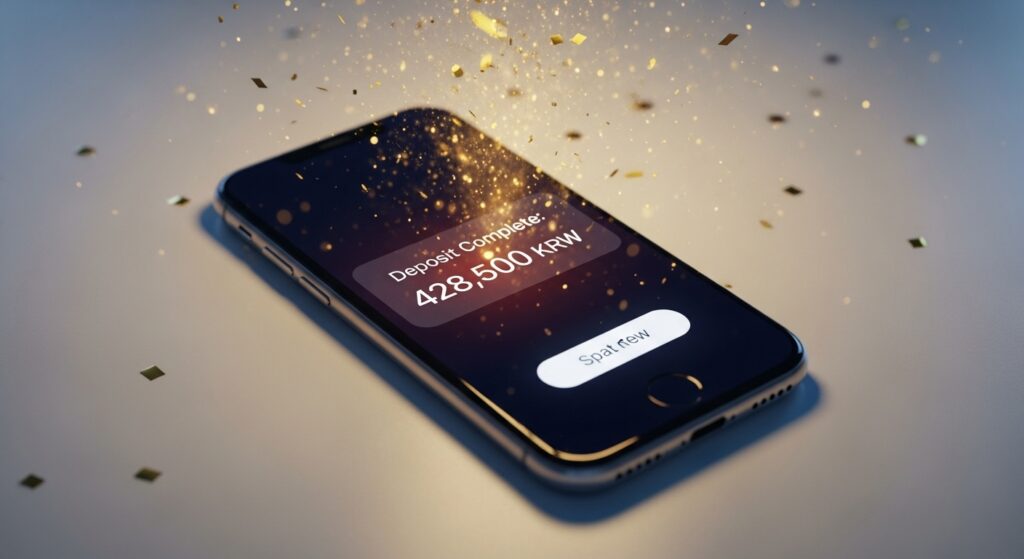 숨은 보험금 조회, 그리고 예금 딱 3분 투자해서 42만 원 돌파한 실제 후기 및 2026년 최신 가이드 3 스마트폰 화면에 '입금 완료' 메시지가 크게 뜨고 축하 분위기가 느껴지는 고해상도 이미지.