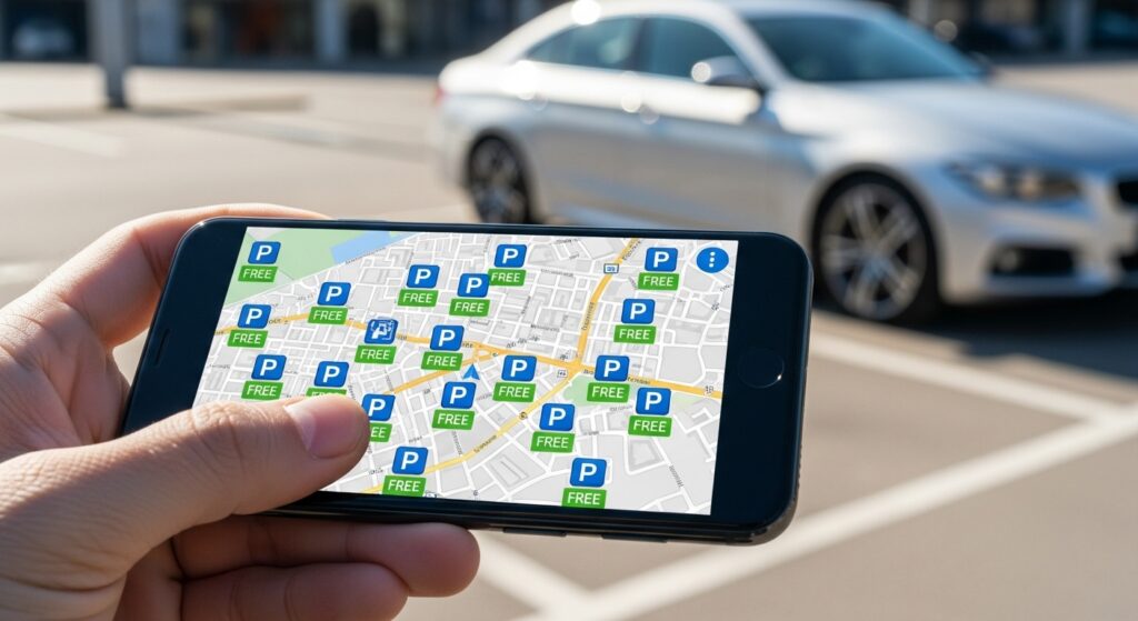 마트폰 내비게이션 앱의 지도 화면에서 주변 무료 주차장 위치를 검색하는 모습