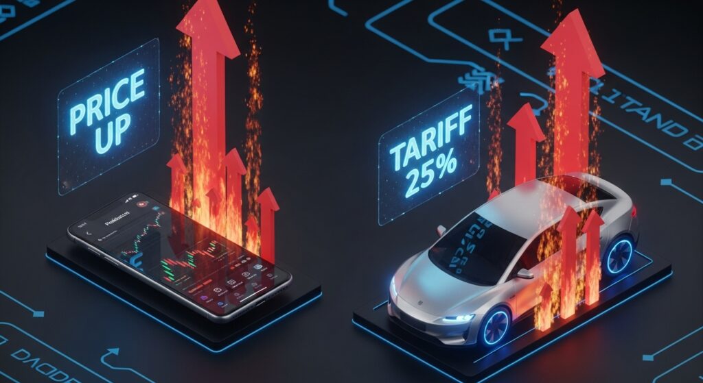 트럼프 관세 25% 확정, 삼성·현대차 가격 폭등? 코스피 5000 가로막는 결정적 증거 분석 3 관세 인상으로 인한 스마트폰 및 자동차 소비자 가격 상승 시각화 인포그래픽