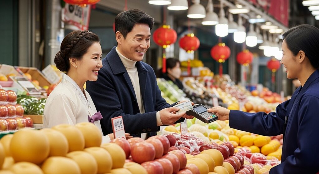 2026년 설날 민생지원금, 오늘부터 신청 시작! 선착순 마감 전 10만 원 받는 법 2 설날 지원금으로 지급받은 지역화폐를 사용해 전통시장에서 장을 보는 활기찬 풍경(2026년 설날 민생지원금)