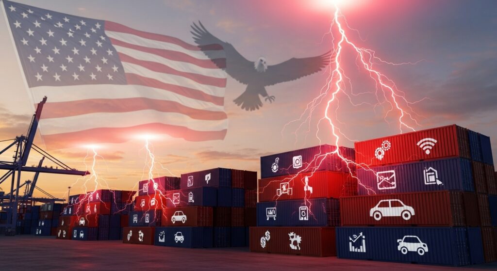 트럼프 관세 25% 확정, 삼성·현대차 가격 폭등? 코스피 5000 가로막는 결정적 증거 분석 2 미국 보편적 관세 부과에 따른 글로벌 수출 기업의 위기와 경제적 긴장감 분석 썸네일(트럼프 관세)