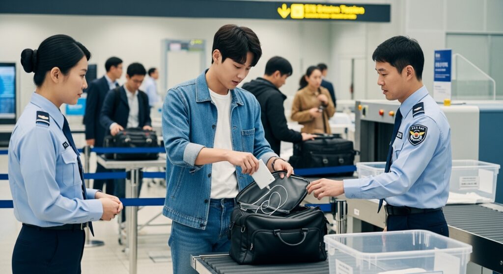 공항 보안 검색대에서 2026 보조배터리 반입 규정에 따라 검사를 받는 모습
