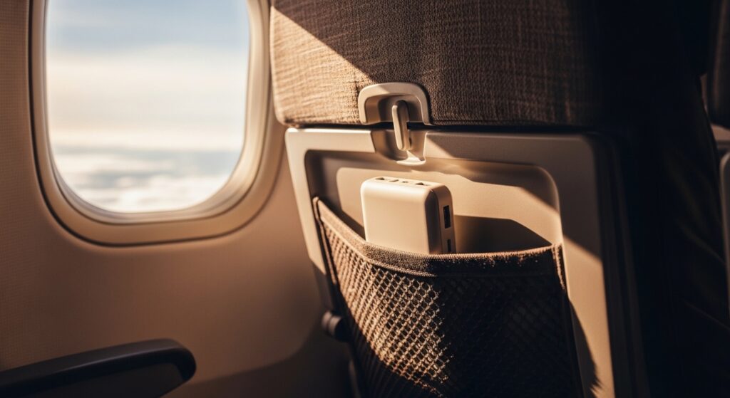비행기 기내 좌석 앞 주머니에 안전하게 보관된 보조배터리 모습