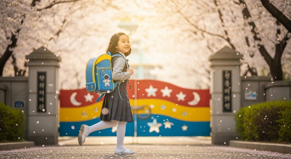 노란색 새 책가방을 메고 학교 교문으로 향하는 초등학생의 설레는 뒷모습. 초등학교 입학 축하글을 작성