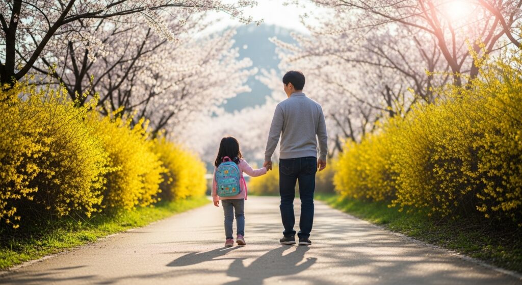 아이의 첫 등교길을 함께하며 손을 잡고 걷는 부모와 자녀의 다정한 모습.