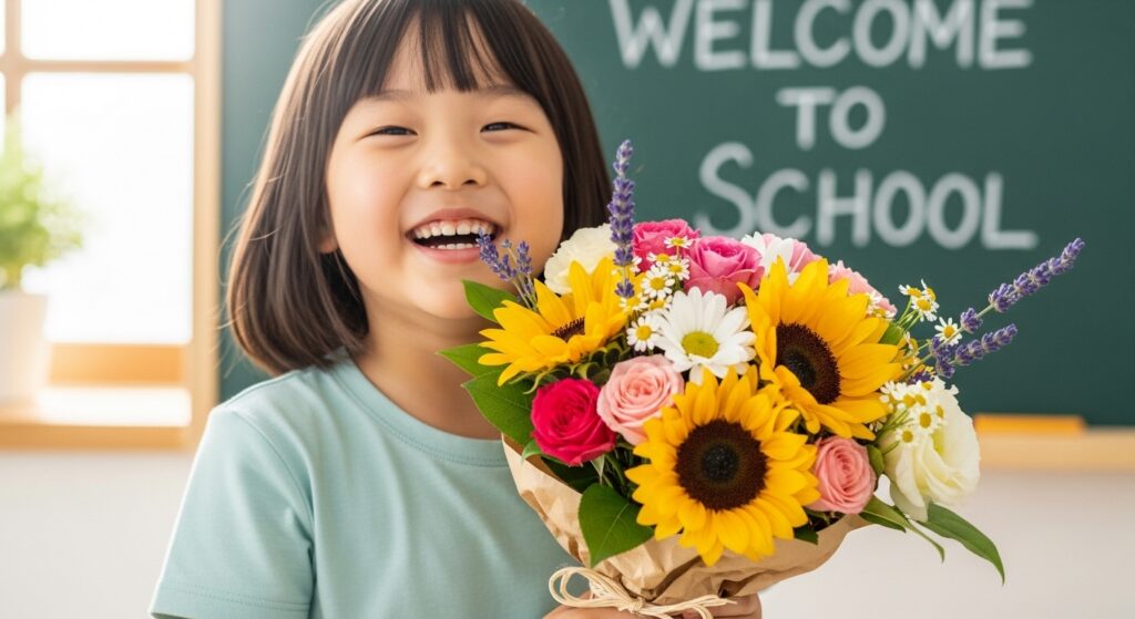 입학식 날 꽃다발을 들고 환하게 웃고 있는 초등학교 1학년 신입생.