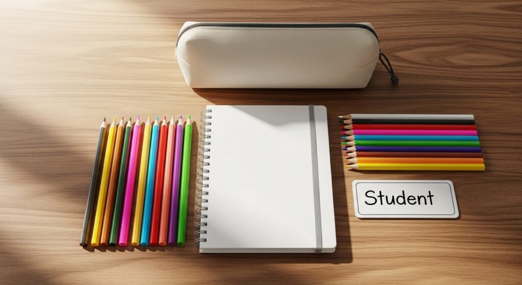 책상 위에 정갈하게 준비된 초등학생용 새 공책과 연필 등 학교 준비물들.