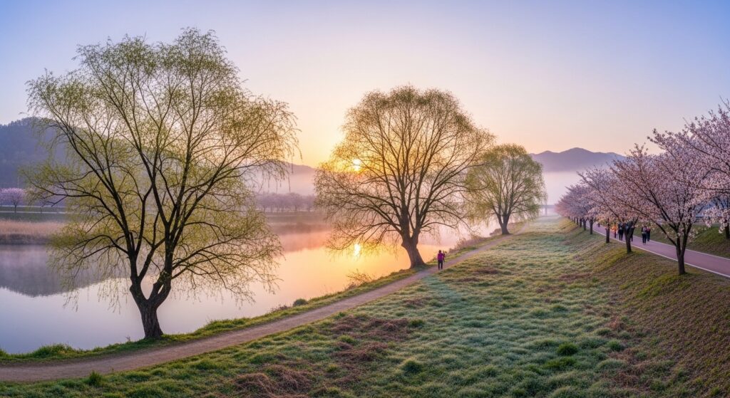 양평 두물머리 강변 산책길 봄 풍경과 나무가 있는 산책로