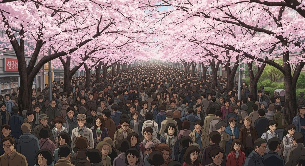 여의도 벚꽃 시즌 국회의사당역 3번출구 인근에서 많은 인파로 붐비는 거리 모습