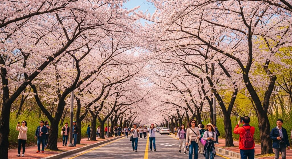 국회의사당역 3번출구에서 벚꽃길로 이동하는 사람들 모습. 가상의 이미지